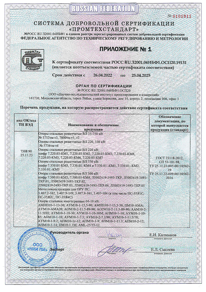 Добровольный сертификат  соответствия опоры 2022 2025 002