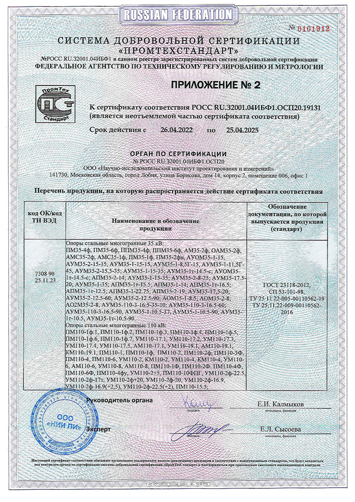 Добровольный сертификат  соответствия опоры 2022 2025 003
