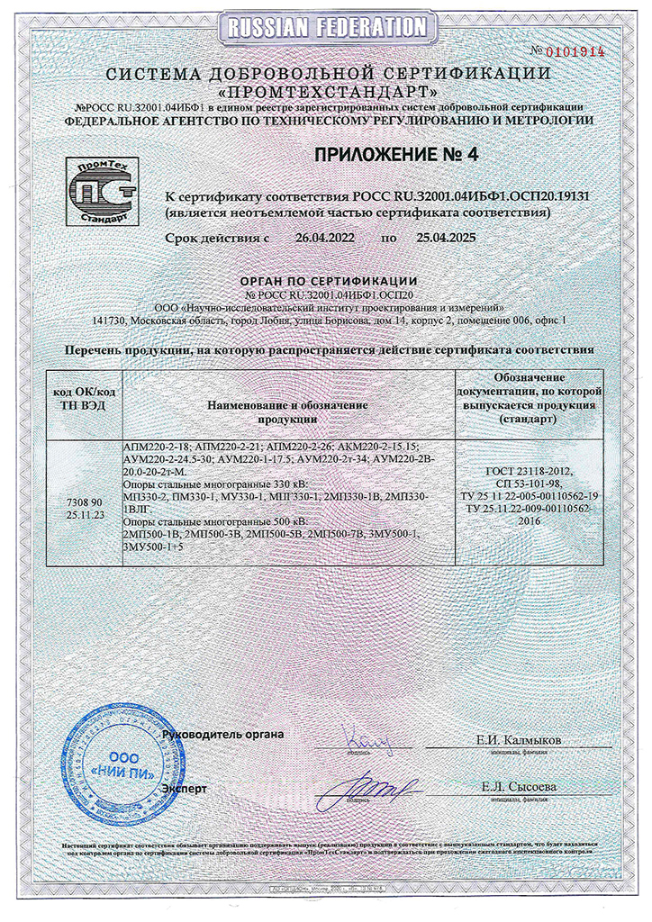 Добровольный сертификат  соответствия опоры 2022 2025 005